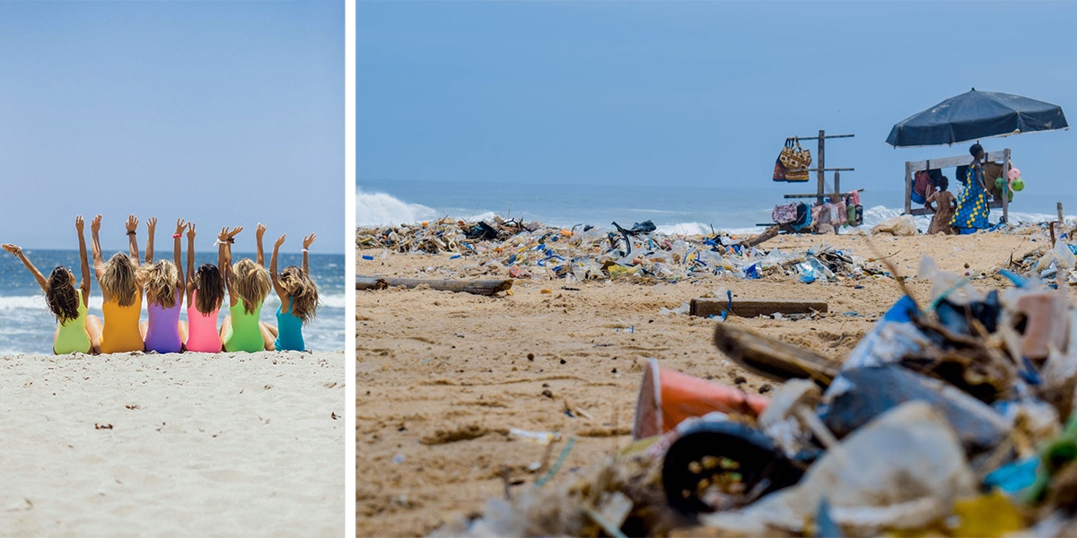 Glada kvinnor på en strand och en nedsmutsad strand. Forskare ska utreda om turistskatt vara rätt väg för att säkra en hållbar turism