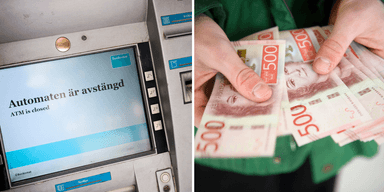 En avstängd svensk bankomat och en person som håller 500-lappar – symbol för Civilförsvarets varning om att kontanter är avgörande vid kris och krig.