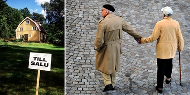 En villa till salu och ett par pensionärer på väg någonstans.
