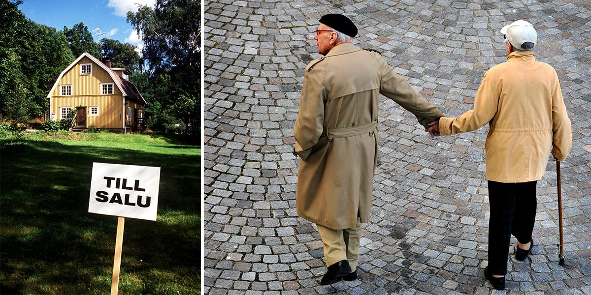 En villa till salu och ett par pensionärer på väg någonstans.