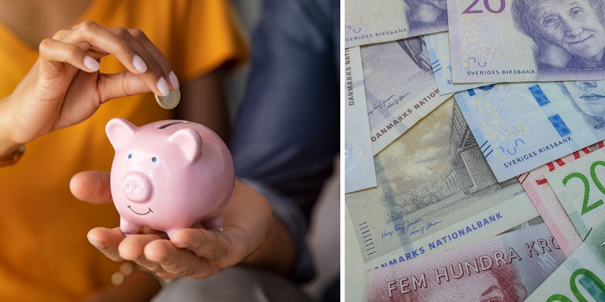En spargris och svenska sedlar. SBAB:s enkätundersökning Spartempen visar hur mycket svenska hushåll sparar.