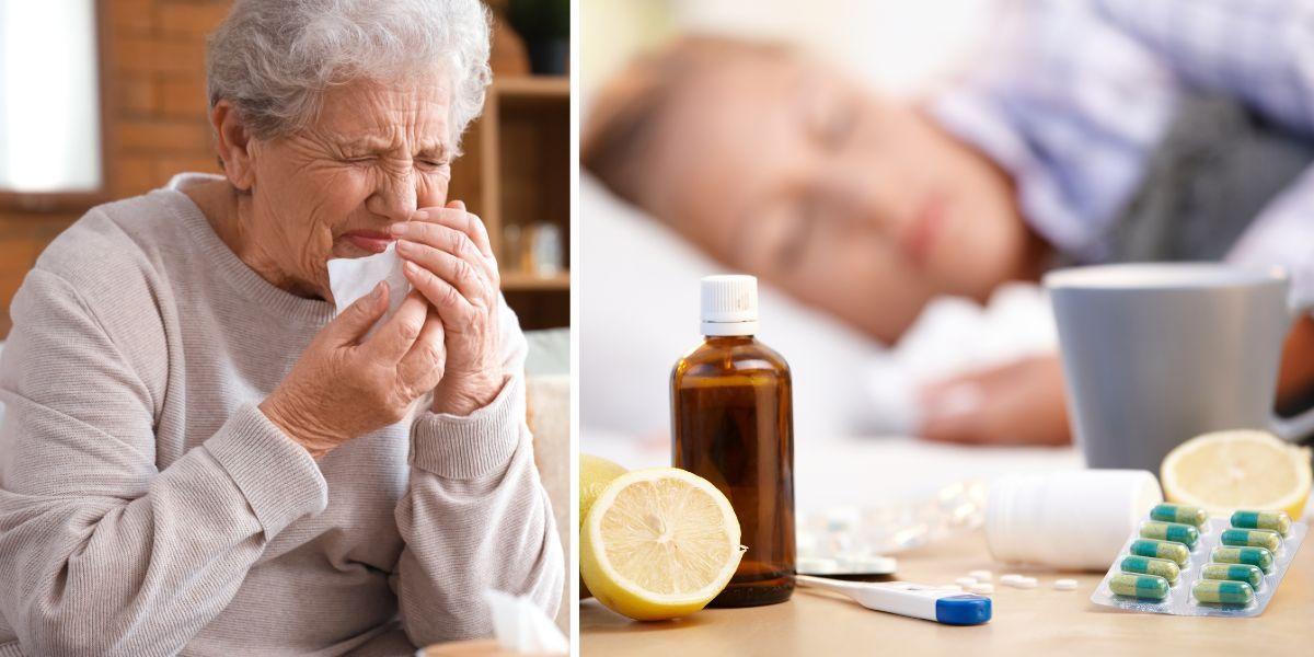 En kvinna snyter sig och en kvinna ligger i sängen. Just nu sprids säsongsinfluensa A, eller svininfluensa. Det kan börja med att det kliar i halsen, de flesta blir inte jättesjuka men även personer som i grunden är friska kan bli allvarligt sjuka. För att inte sprida smitta ska du stanna hemma om du känner dig sjuk.