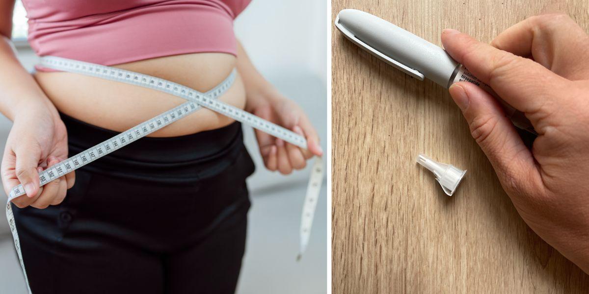 En kvinna mäter magen och en doseringsspruta till läkemedel för viktminskning